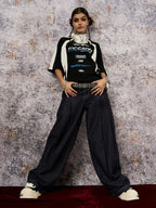 Deconstructed Contrast Stitching Pleated Baggy Barrel Jeans - 2343