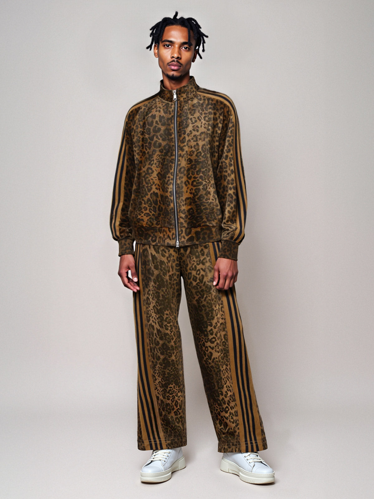 French Terry Cheetah Print Suede Tracksuit - 2277