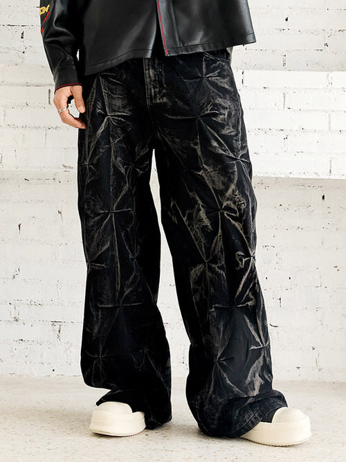 Denim Heavy Washed Distressed Pleated Baggy Jeans - 2282