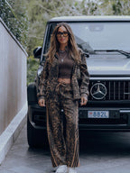 French Terry Cheetah Print Suede Tracksuit - 2277