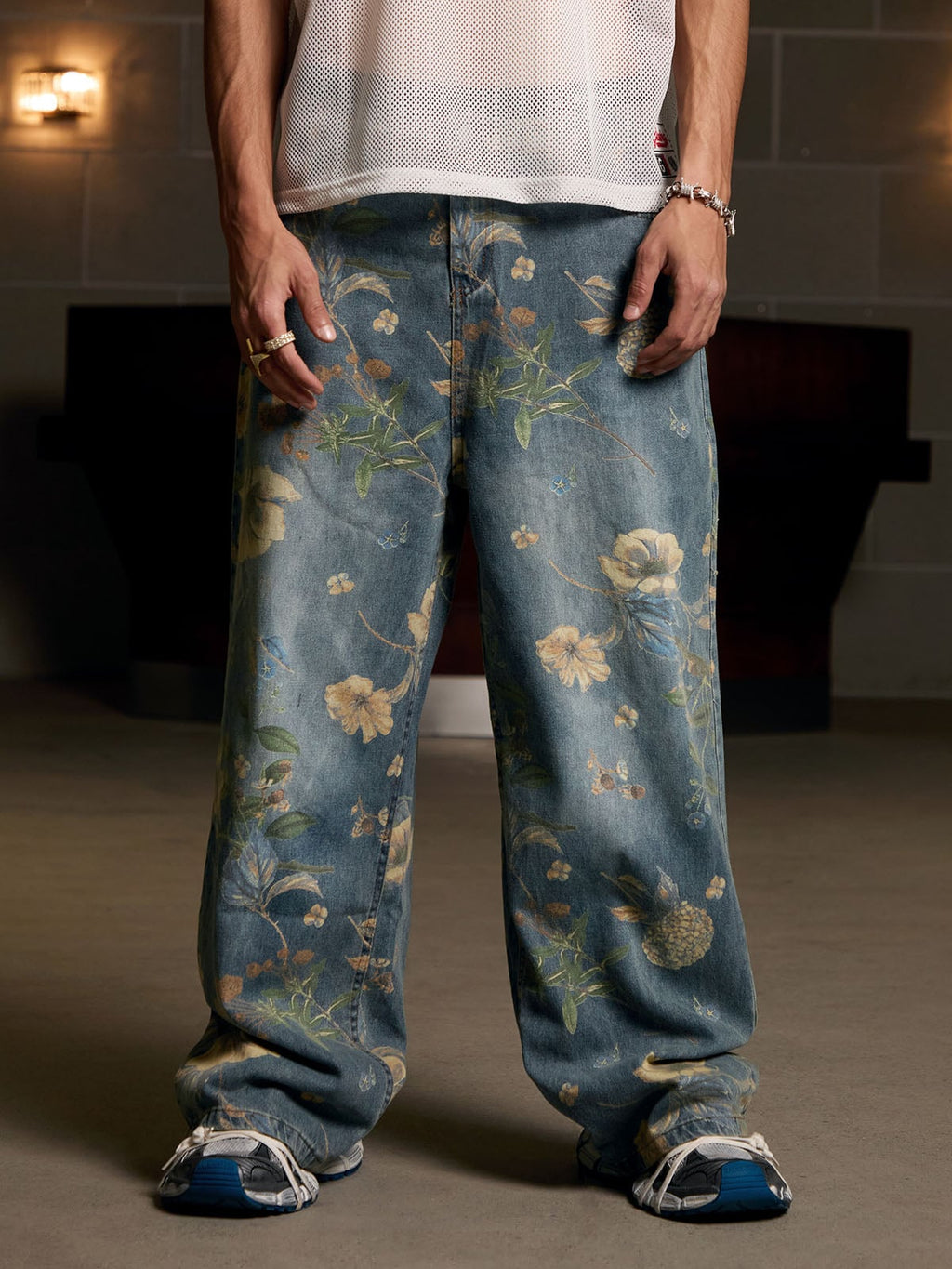 Denim Floral Print Carpenter Jeans - 2237
