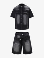 Distressed Washed Workwear Denim Shirt And Jorts Set