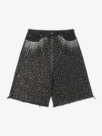 Retro Washed Rhinestone Raw Edge Denim Shorts - 2419