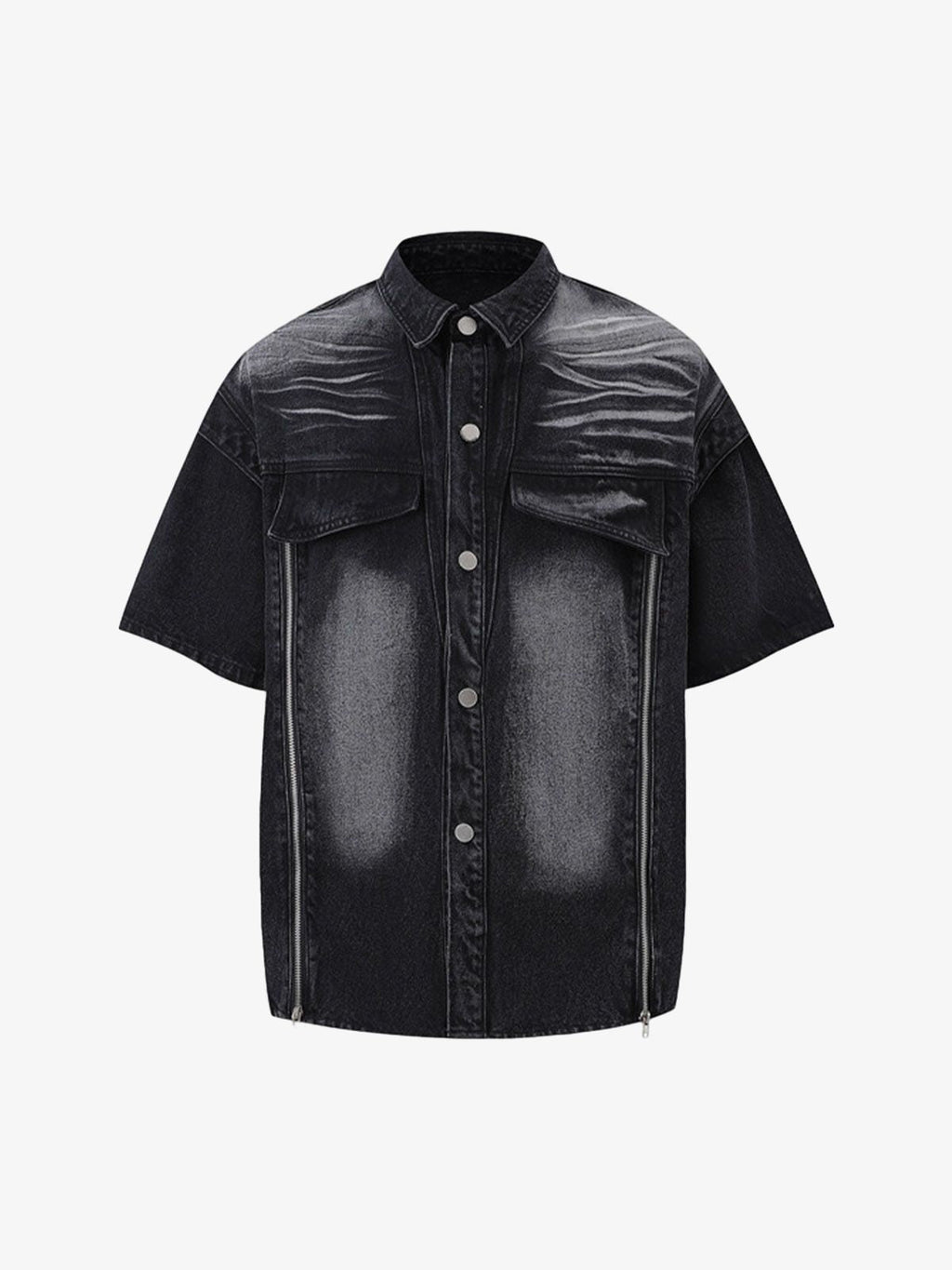 Distressed Washed Workwear Denim Shirt And Jorts Set