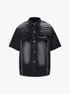 Distressed Washed Workwear Denim Shirt And Jorts Set
