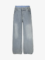 Plaid Double Waist Baggy Jeans - 2505