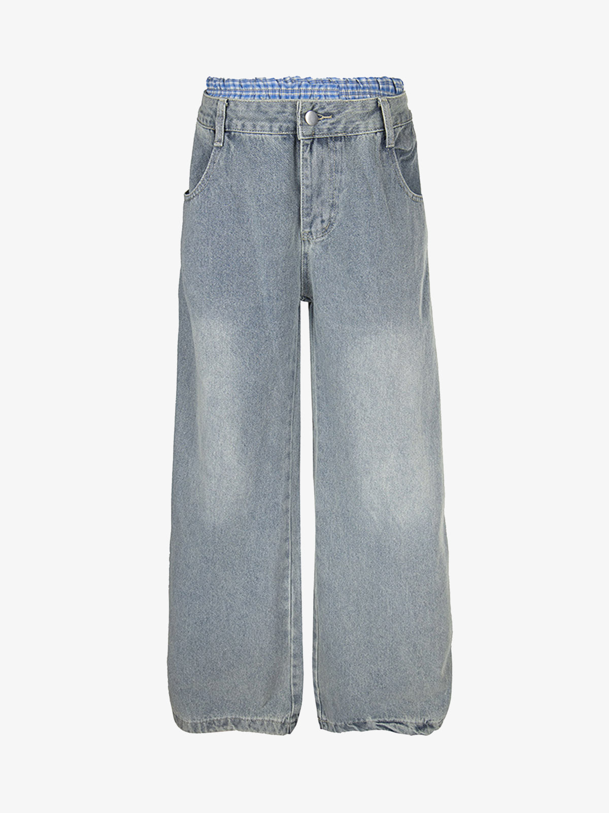 Plaid Double Waist Baggy Jeans - 2505