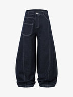 Deconstructed Contrast Stitching Barrel Jeans - 2326