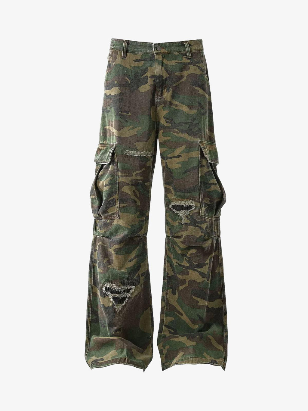 Woven Ripped Camouflage Cargo Baggy Pants - 2410