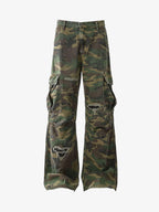 Woven Ripped Camouflage Cargo Baggy Pants - 2410