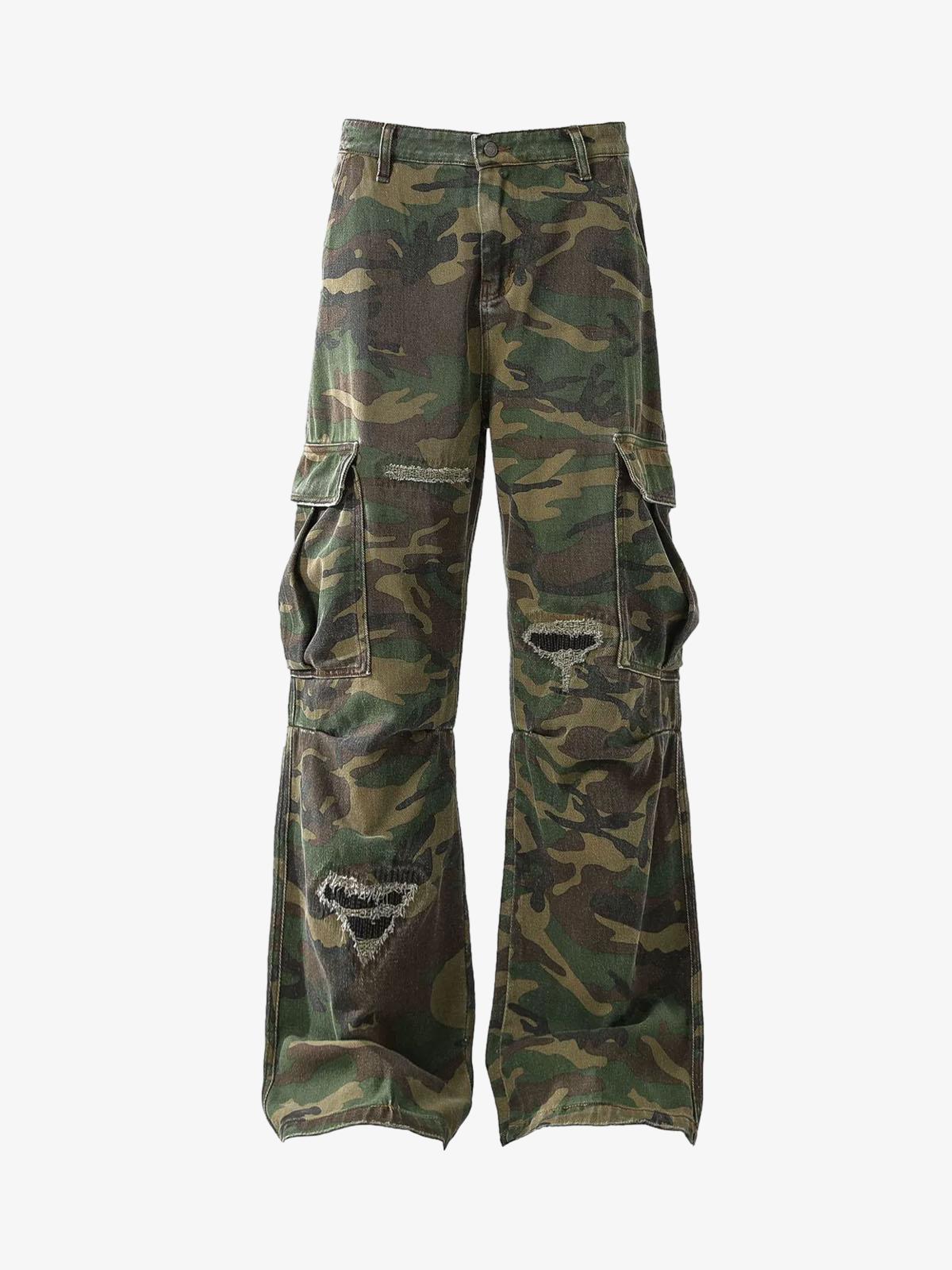 Woven Ripped Camouflage Cargo Baggy Pants - 2410