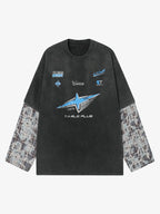 Washed Faux Two-Piece Racing Long Sleeve T-shirt - 2543