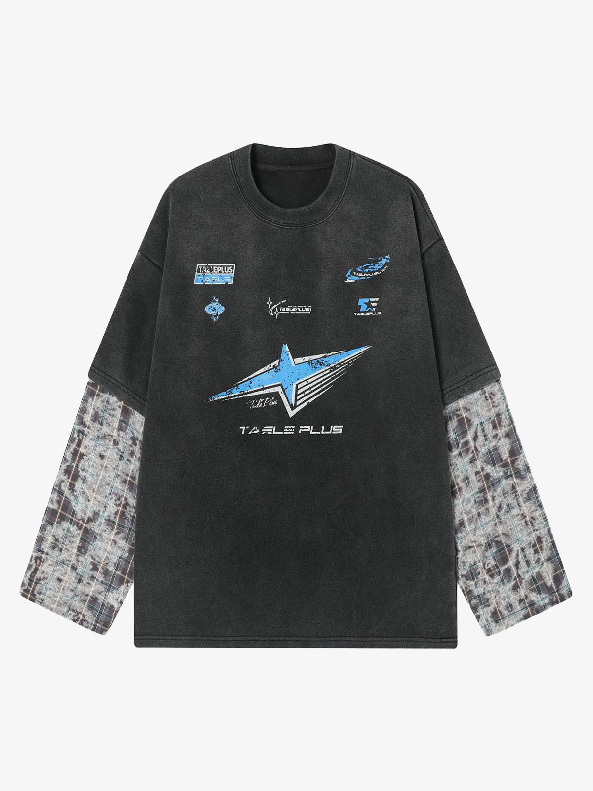 Washed Faux Two-Piece Racing Long Sleeve T-shirt - 2543