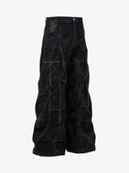 Denim Heavy Washed Distressed Pleated Baggy Jeans - 2282