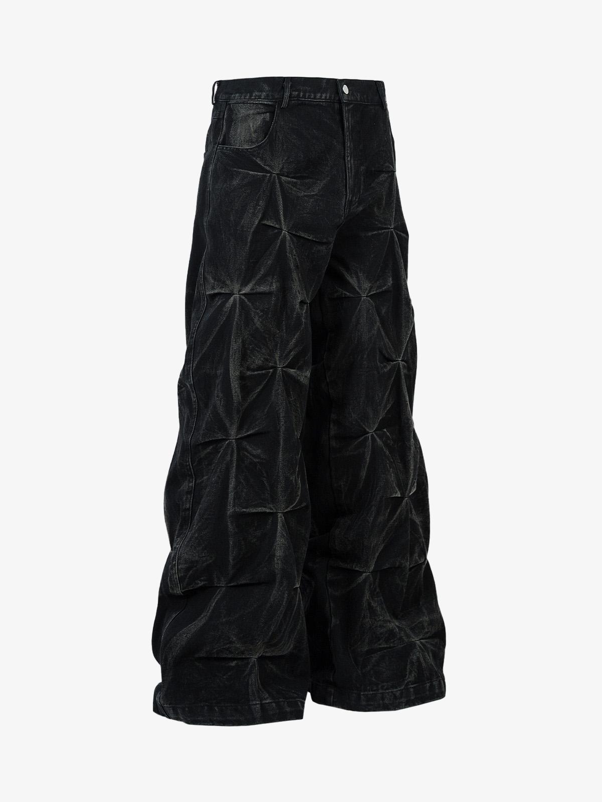 Denim Heavy Washed Distressed Pleated Baggy Jeans - 2282