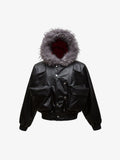 Deconstructed Multi Pocket Fur Hooded PU Leather Jacket - 2566