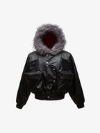 Deconstructed Multi Pocket Fur Hooded PU Leather Jacket - 2566