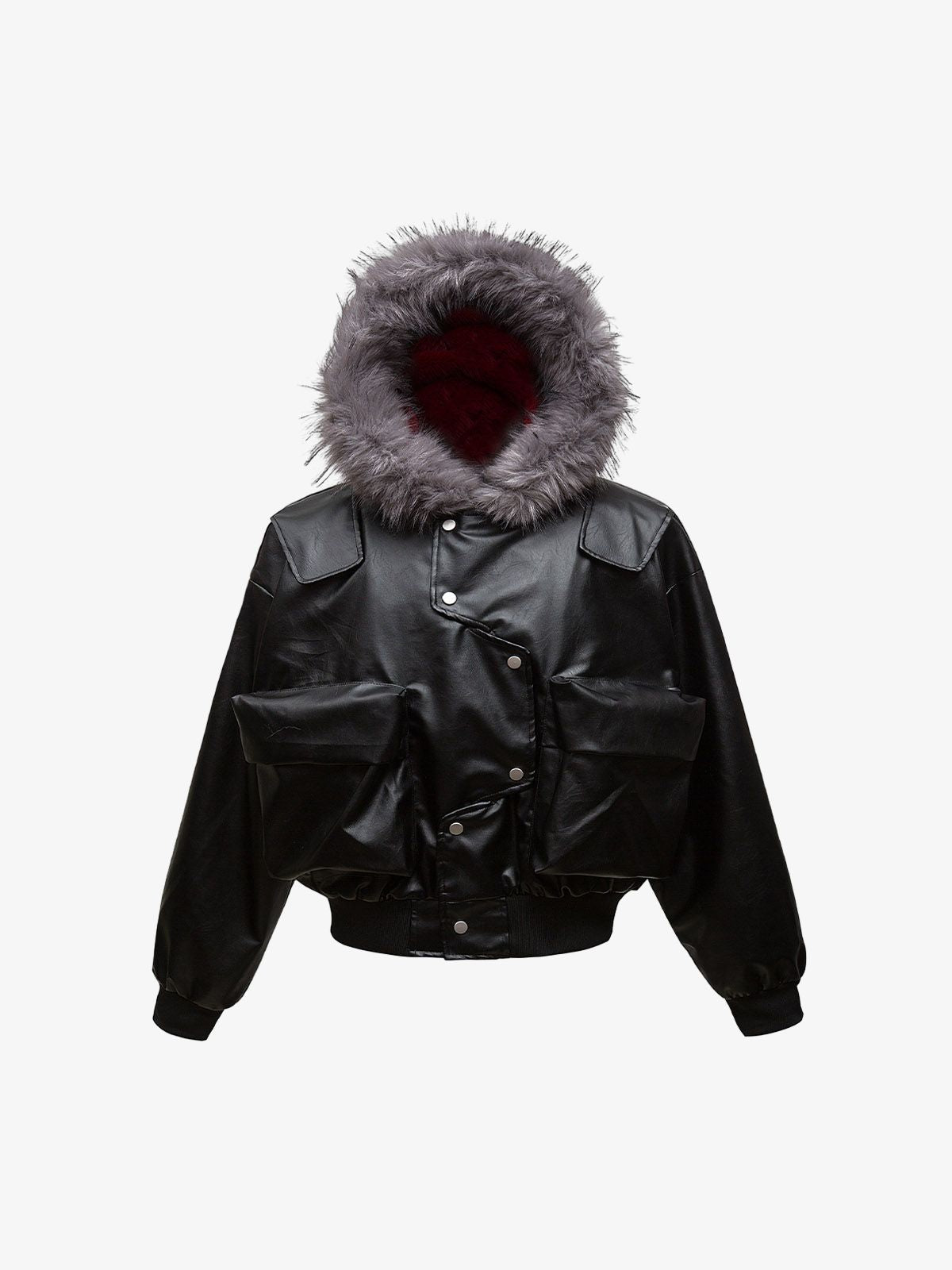 Deconstructed Multi Pocket Fur Hooded PU Leather Jacket - 2566