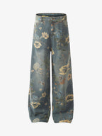 Denim Floral Print Carpenter Jeans - 2237