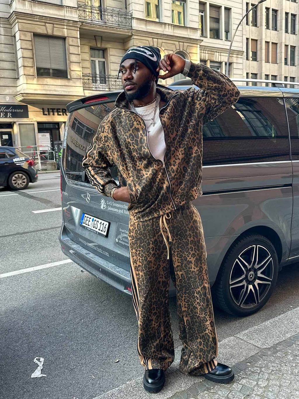French Terry Cheetah Print Suede Tracksuit - 2277