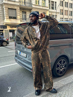 French Terry Cheetah Print Suede Tracksuit - 2277