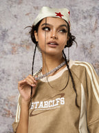 Suede Contrast Color Spliced Letter Embroidery Oversize T-shirt - 2462