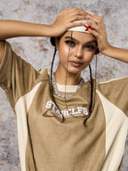 Suede Contrast Color Spliced Letter Embroidery Oversize T-shirt - 2462