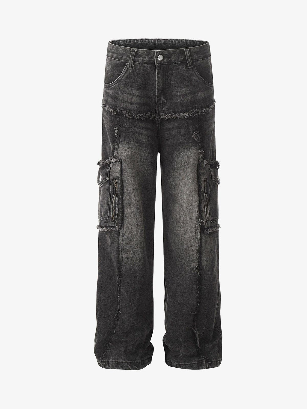 Theprecipice Detressed Raw Edge Multi-pocket Cargo Jeans