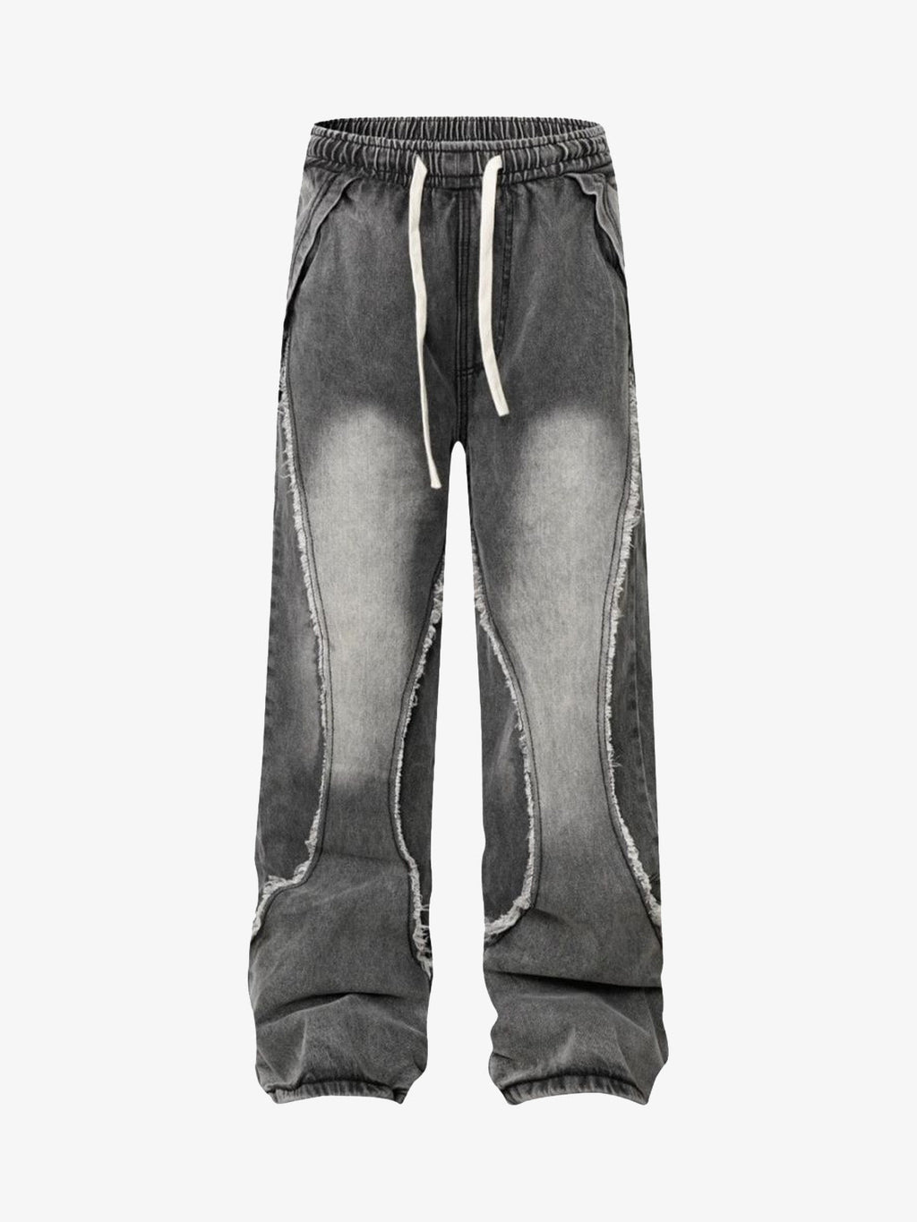 Washed Distressed Raw Edge Drawstring Jeans