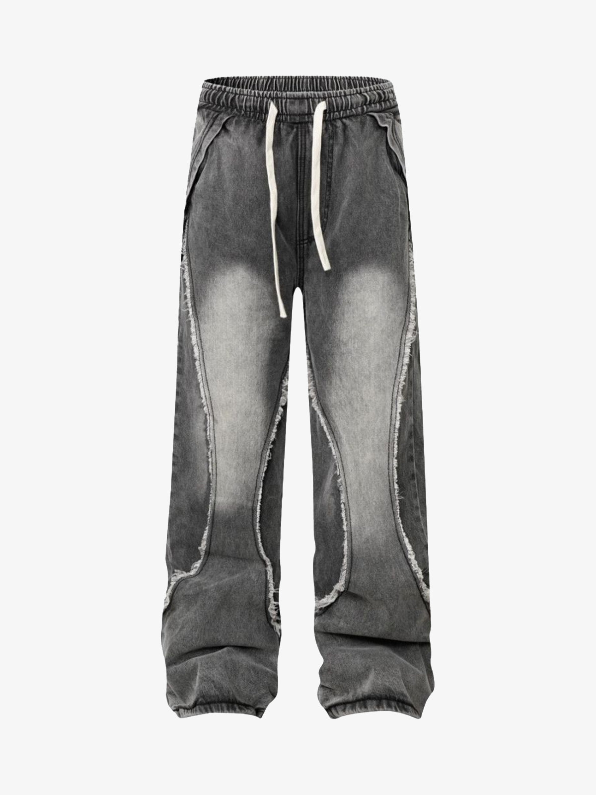 Washed Distressed Raw Edge Drawstring Jeans