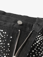 Retro Washed Rhinestone Raw Edge Denim Shorts - 2419