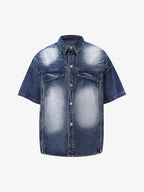 Distressed Washed Workwear Denim Shirt And Jorts Set