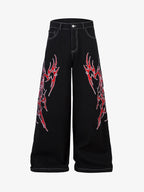 Contrast Flame Embroidered Baggy Jeans - 2364