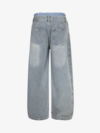 Plaid Double Waist Baggy Jeans - 2505