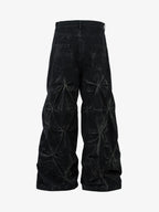 Denim Heavy Washed Distressed Pleated Baggy Jeans - 2282