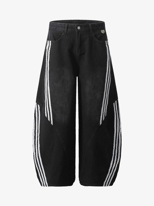 Denim Contrast Striped Stitching Barrel Jeans - 2504
