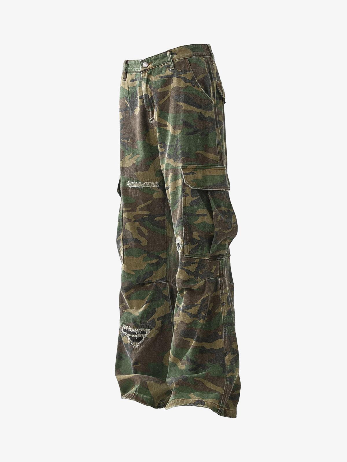 Woven Ripped Camouflage Cargo Baggy Pants - 2410