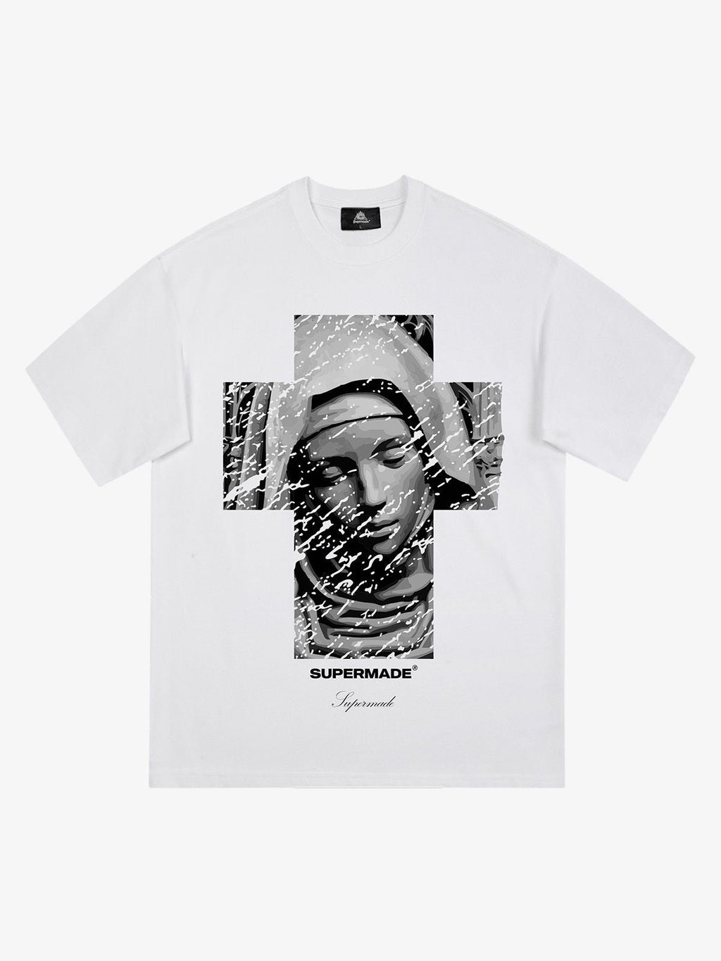 Original Retro Virgin Mary Mottled Cross Print T-Shirt