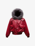 Deconstructed Multi Pocket Fur Hooded PU Leather Jacket - 2566
