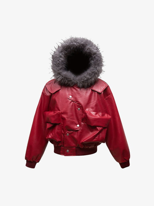Deconstructed Multi Pocket Fur Hooded PU Leather Jacket - 2566