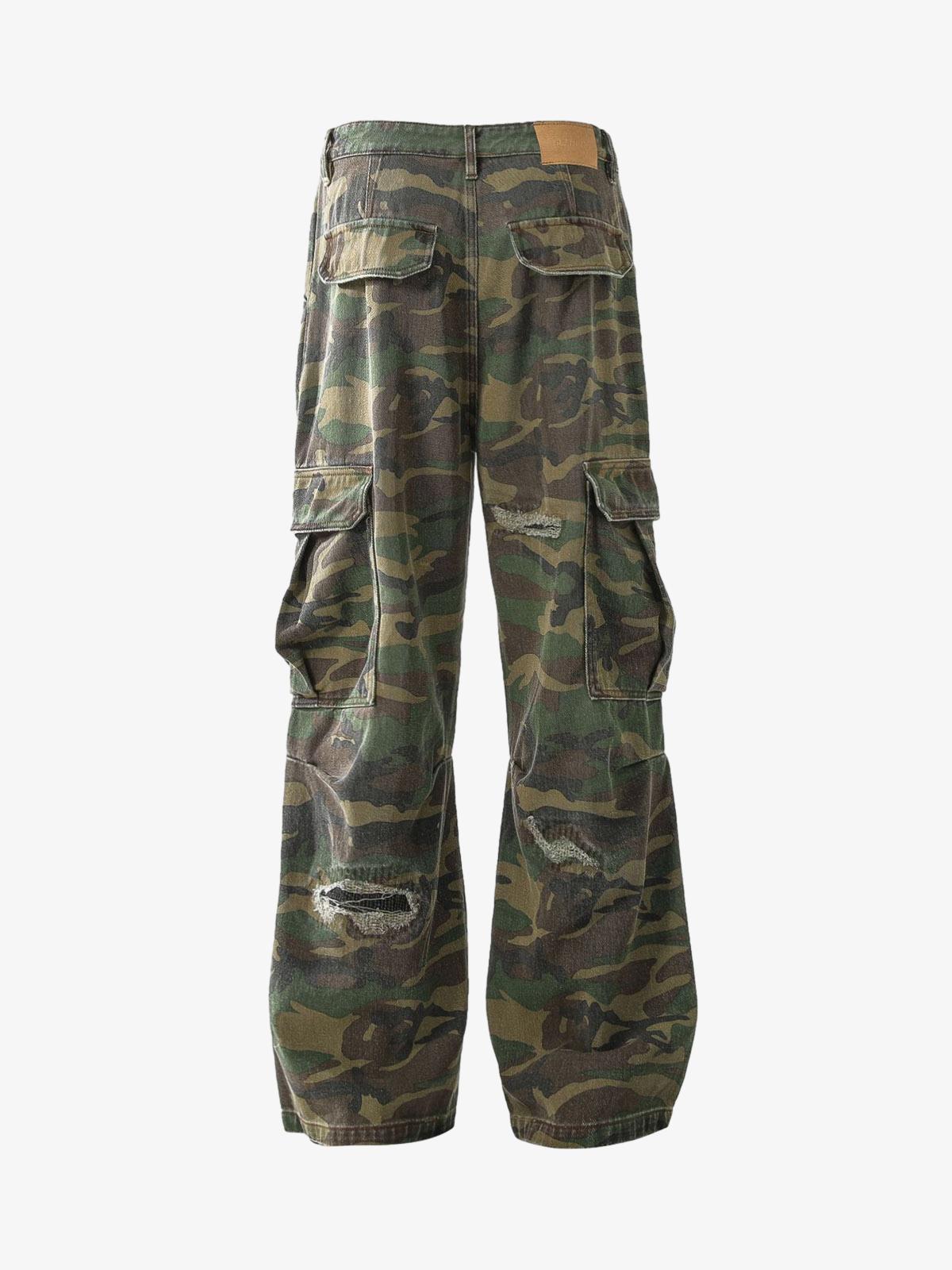 Woven Ripped Camouflage Cargo Baggy Pants - 2410