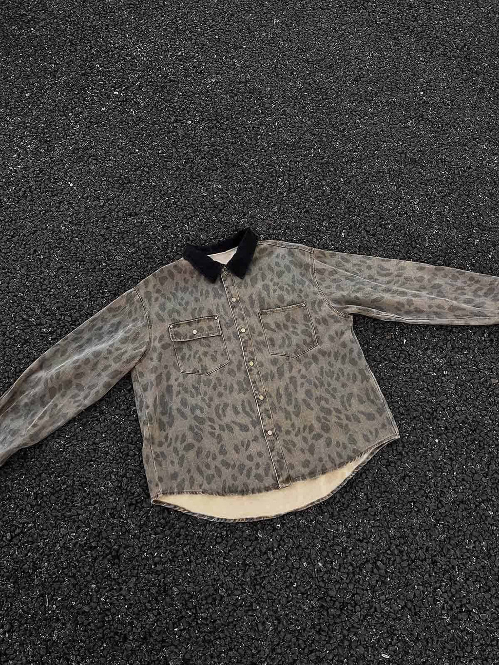 Vintage Distressed Cheetah Print Denim Shirt