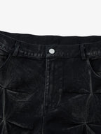 Denim Heavy Washed Distressed Pleated Baggy Jeans - 2282