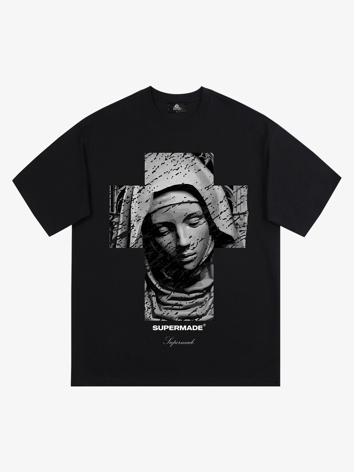 Original Retro Virgin Mary Mottled Cross Print T-Shirt