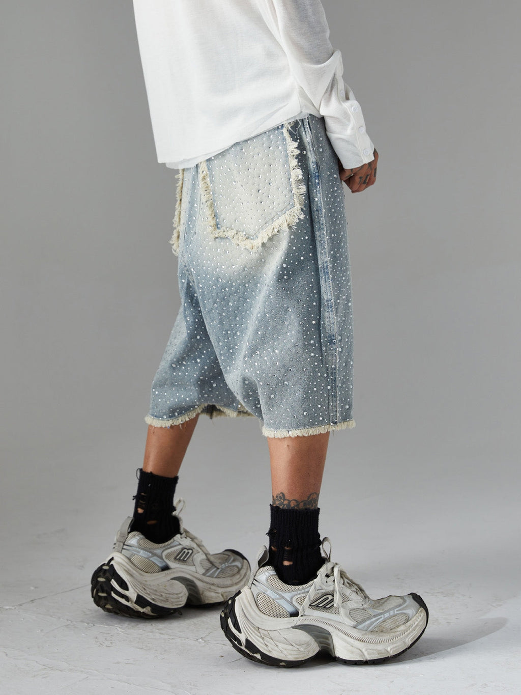 Distressed Rhinestone Denim Jorts - 2454