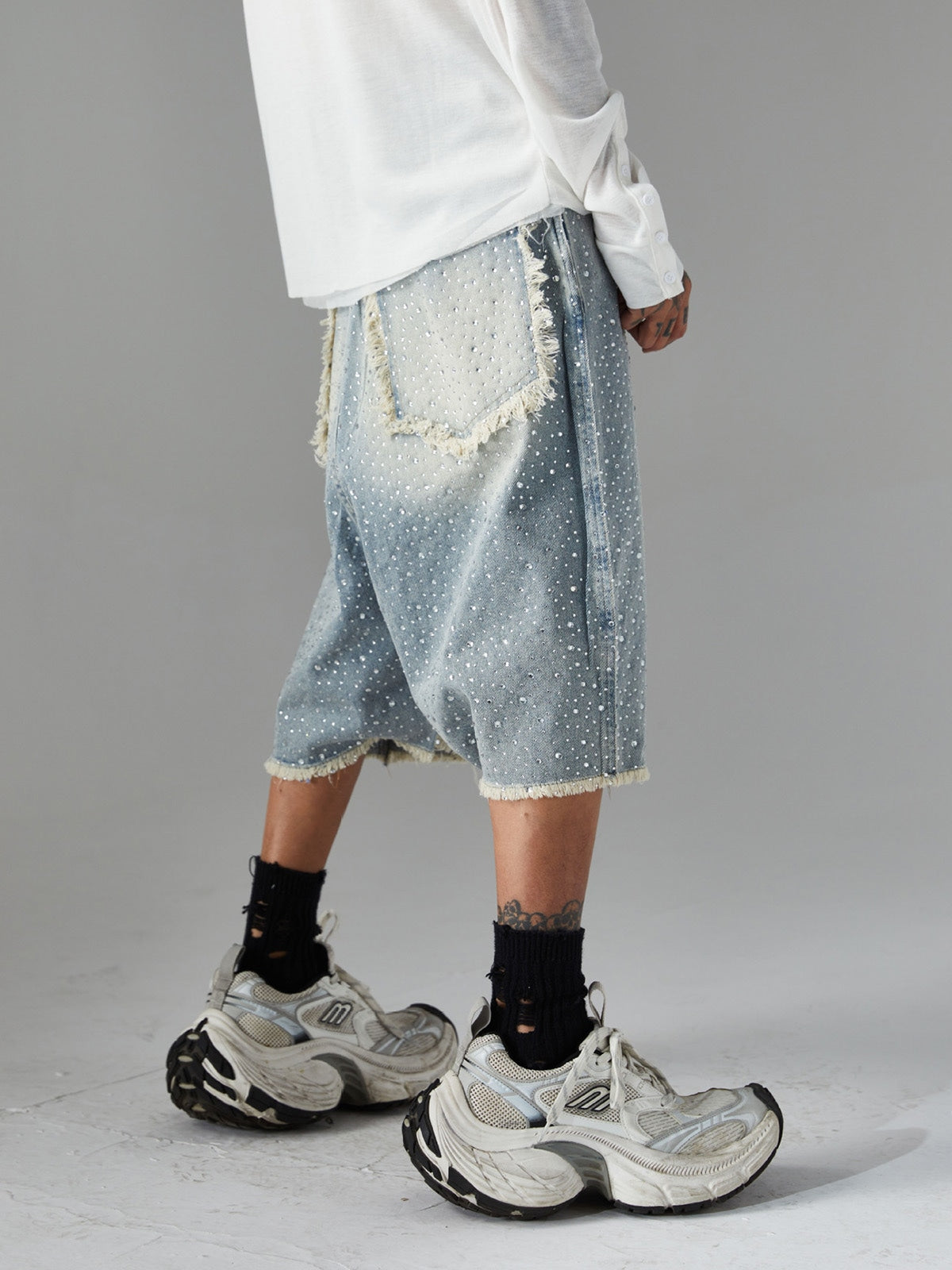 Distressed Rhinestone Denim Jorts - 2454
