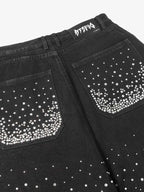 Retro Washed Rhinestone Raw Edge Denim Shorts - 2419
