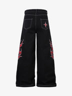 Contrast Flame Embroidered Baggy Jeans - 2364