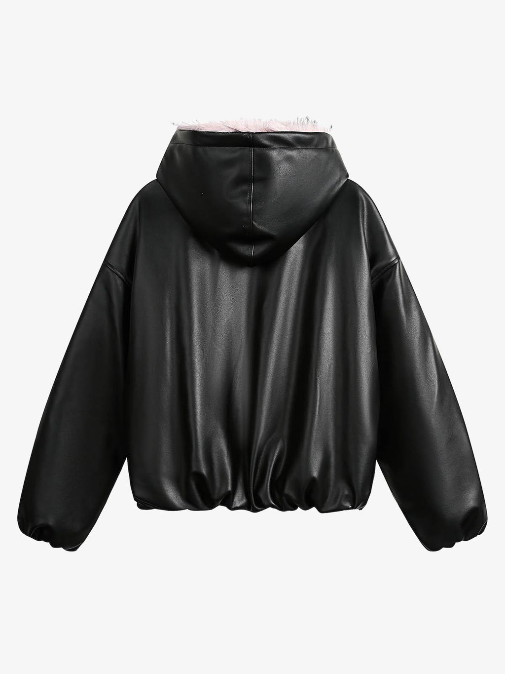 Leather Pink Fur Hooded Quilted Jacket - 2535