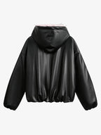 Leather Pink Fur Hooded Quilted Jacket - 2535